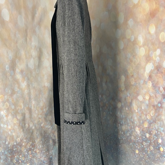 Rina Zin Elegant Herringbone Wool Coat w Peter Pan Collar Black Velvet Tie Sz S - Picture 6 of 14